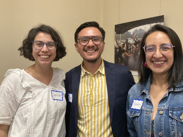 Fulbrighters Camila Igarzabal Saborida (Argentina), Jefferson Rodriguez (Costa Rica) and Slenka Botello (Colombia) at the 2025 fall mixer