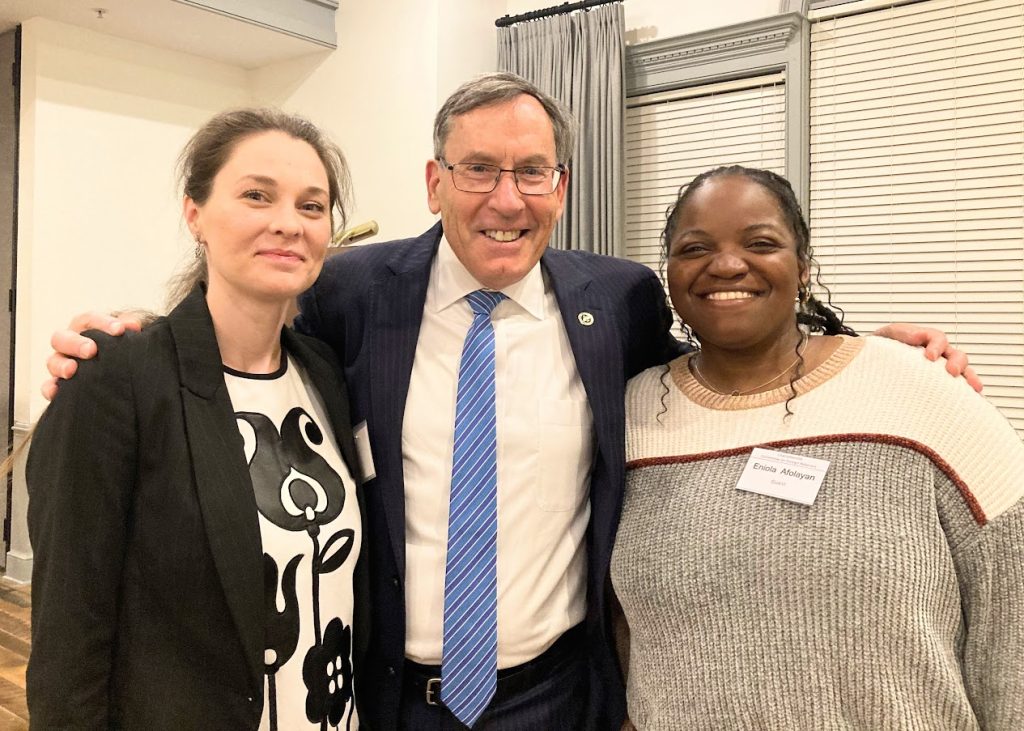 Vanessa Bijak (Fulbrighter from Poland), Fred Borch (Chapter President, Fulbrighter to the Netherlands and Mongolia), Eniola Afolayan (U.S. Fulbrighter to Nigeria), at the Nov. 14, 2024, event