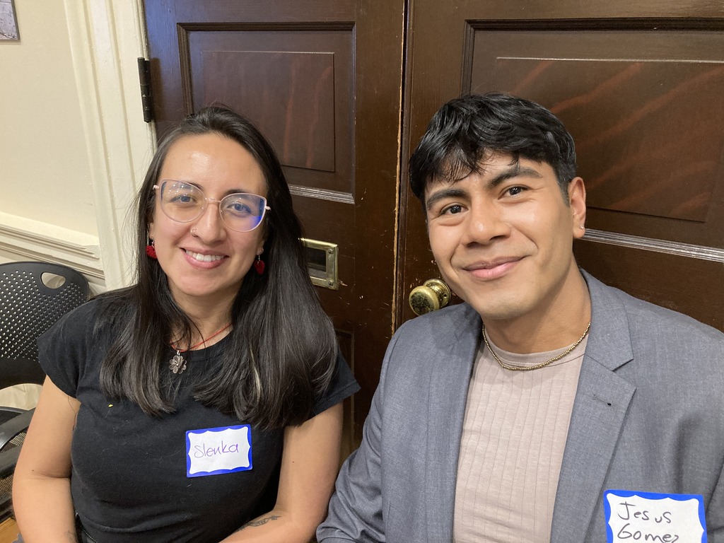 Fulbrighters Slenka Botello (Colombia) and Jesus Gomez (Mexico) at the Fulbright Fall Mixer on Sept. 19, 2024, in Hotel A.