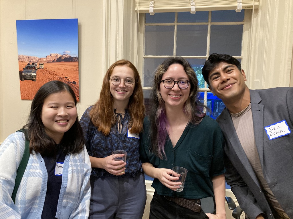 Kimmie Della Cerna (Philippines), Lotte Notelaers (Beligum), Mariana Arboleda (Colombia), and Jesus Gomez (Mexico) at the Fulbright Fall Mixer on Sept. 19, 2024, in Hotel A.